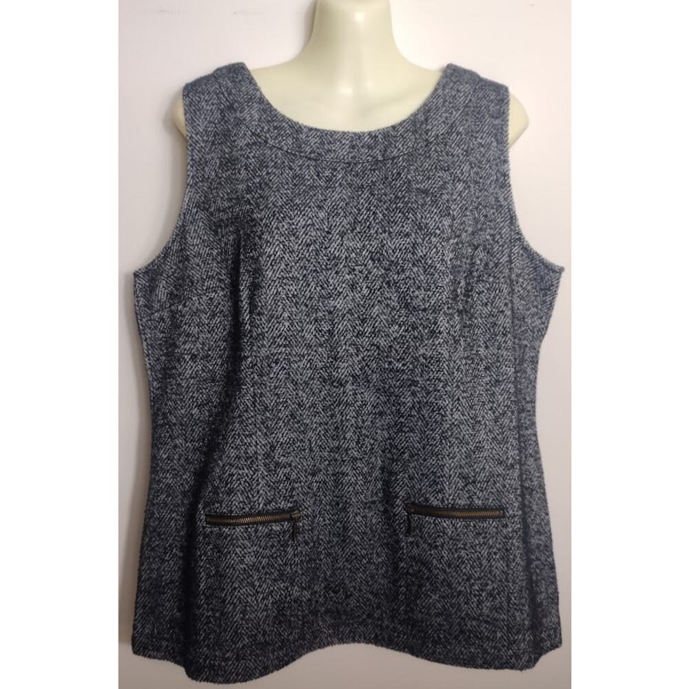 CAbi Sleeveless Zip Back Herringbone Top with Zip Pockets, Blk/Wht, Sz‎ L